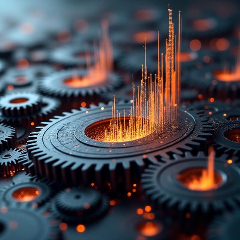 Abstract digital visualization of industrial gears and data streams