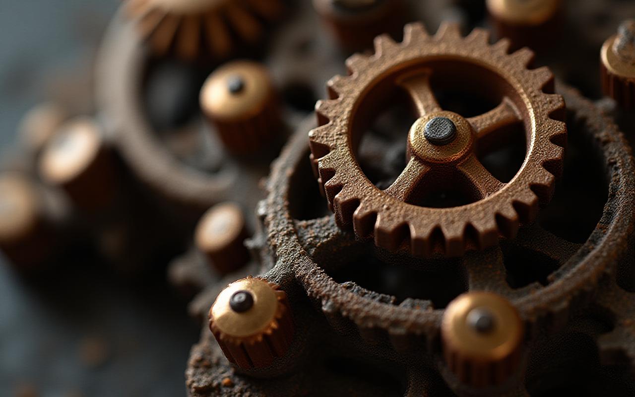 Close up of intricate industrial bronze gears and steam-era machinery