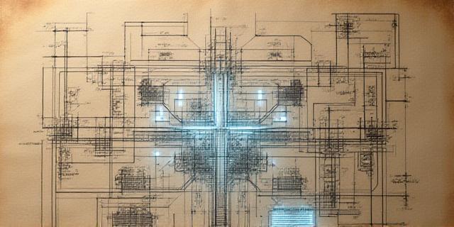 Vintage blueprint overlayed with modern digital code patterns