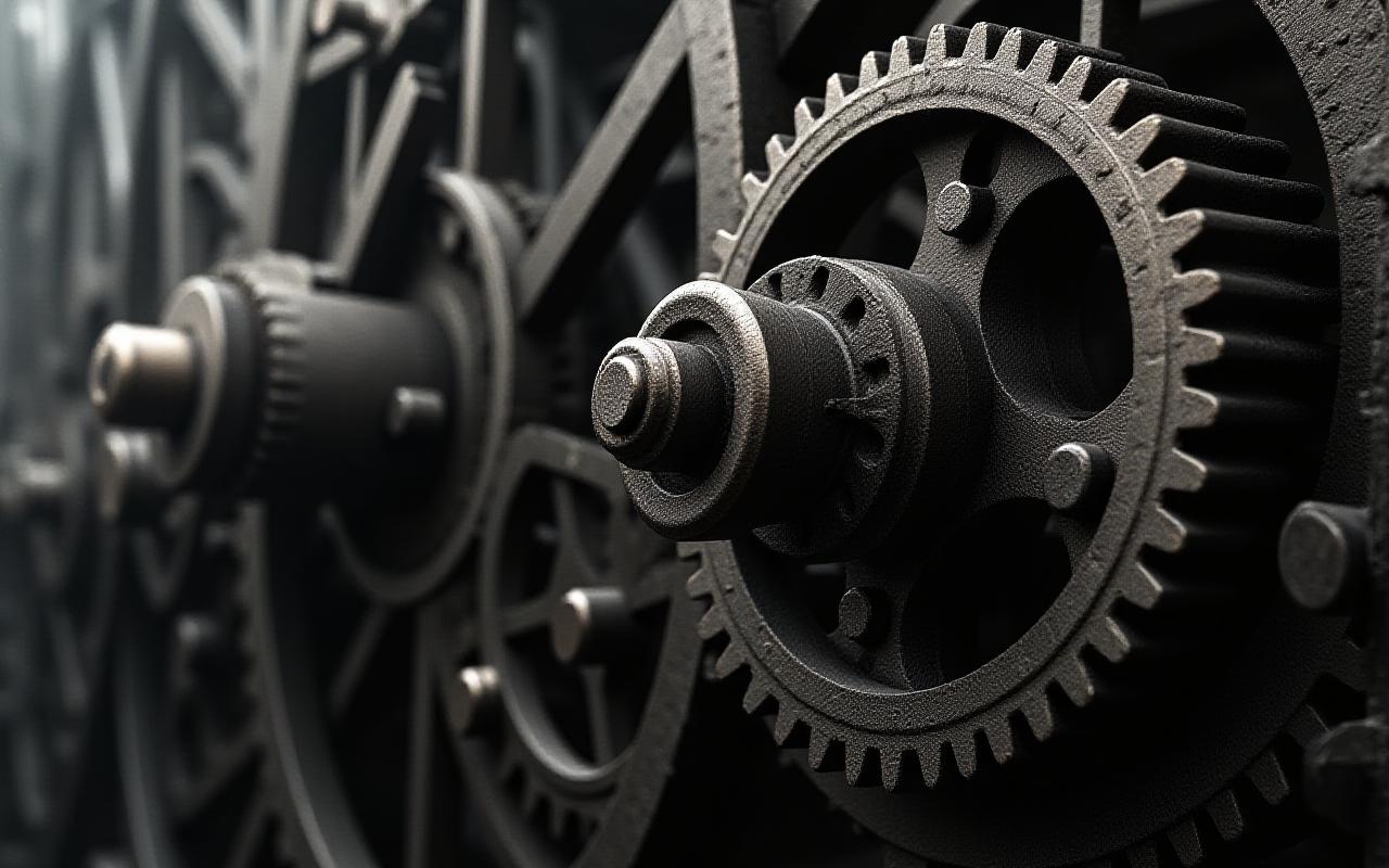 Close up of heavy vintage gears and clockwork machinery